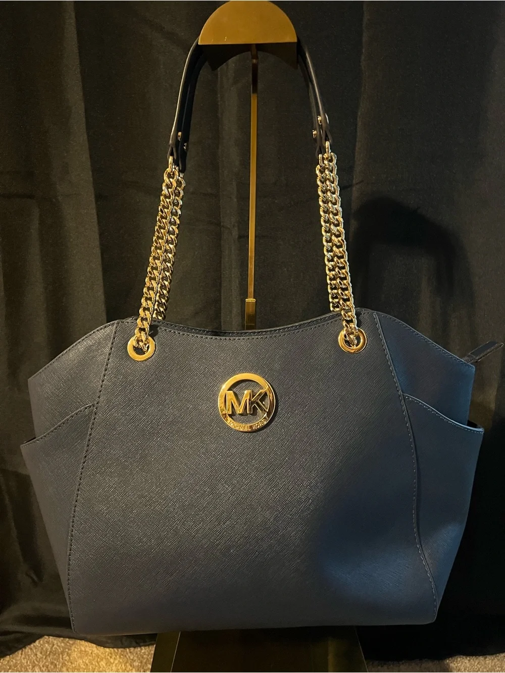 Michael Kors Navy Saffiano Leather Shoulder Tote with Gold Hardware